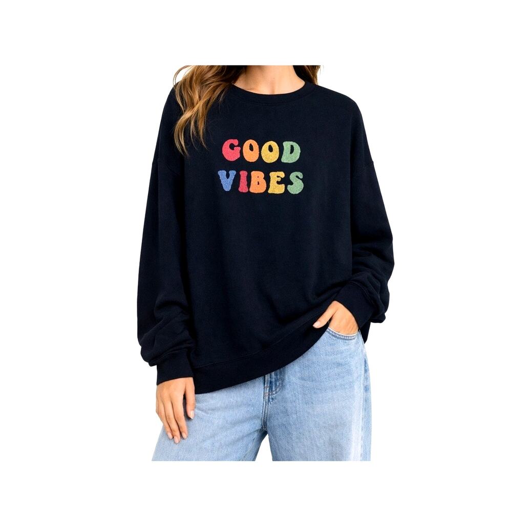 Wildfox Good Vibes Oversized Navy Blue Sweatshirt Retro Rainbow Shag Small
